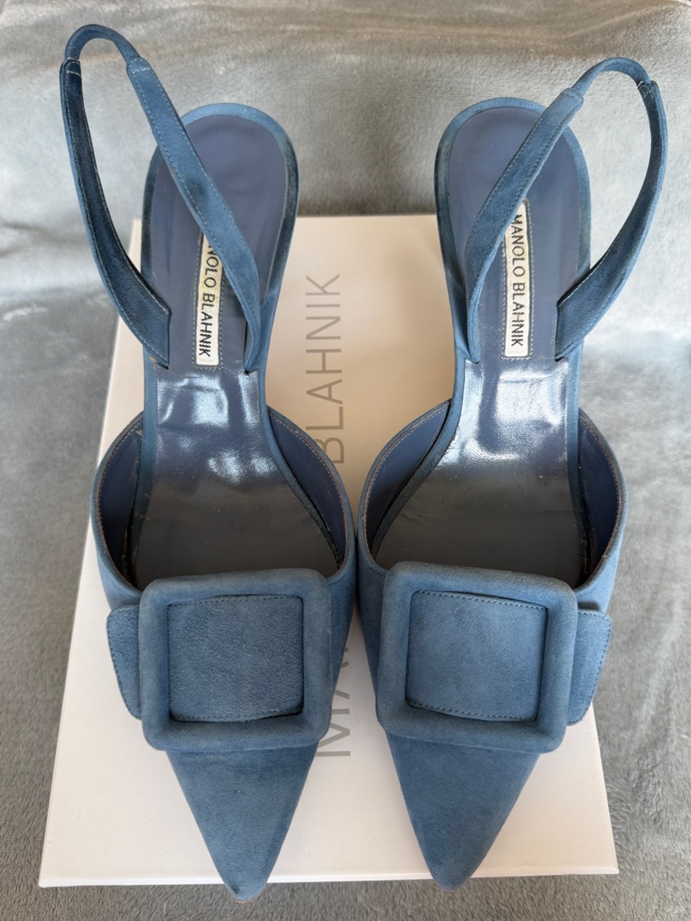 Manolo Blahnik Maysli Powder Blue Suede Pointed Slingback Pumps with Buckle